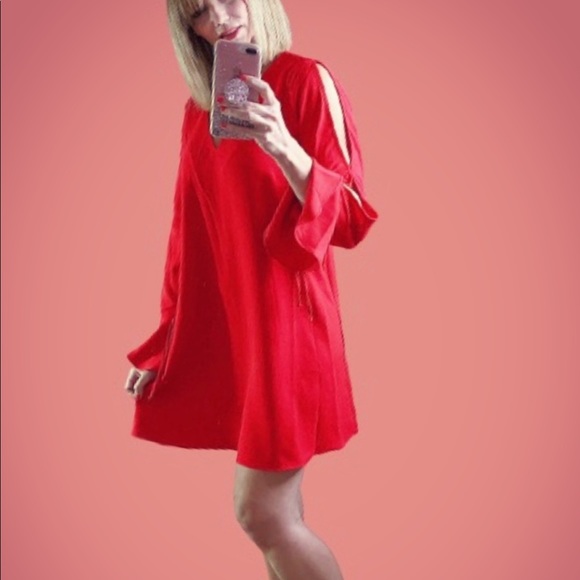 Design Lab Red Slit Long Sleeved Mini Dress Small - Picture 3 of 12